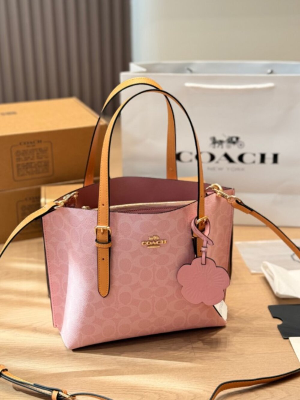 Coach Mollie Tote Bag 25 In Signature Canvas With Charms Gold/Powder Pink CER24